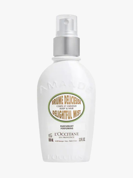 L’Occitane Almond Hair & Body Mist in branded component on a light gray background